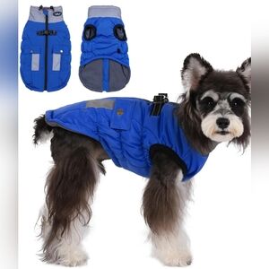 Blue Dog Puffer Vest Jacket with Harness Opening Reflective Water Resistant